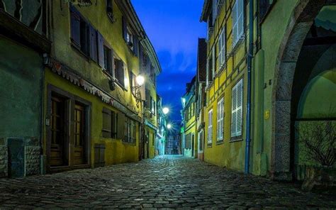 landscape, Urban, Street, Lights, Evening, Strasbourg, France, Architecture, Cobblestone, City