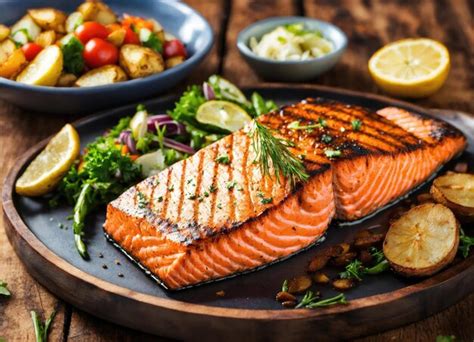 Premium AI Image | Grilled salmon steak with potatoes and vegetables on ...