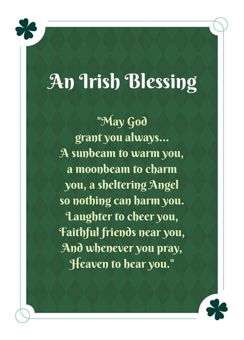 an irish blessing card with shamrocks on the corner and text that reads ...