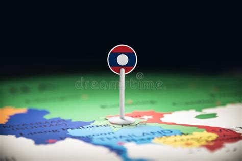 Laos Marked with a Flag on the Map Stock Photo - Image of politics ...