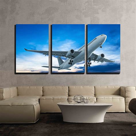 Wall26 3 Piece Canvas Wall Art - Commercial Airplane Flying at Sunset ...