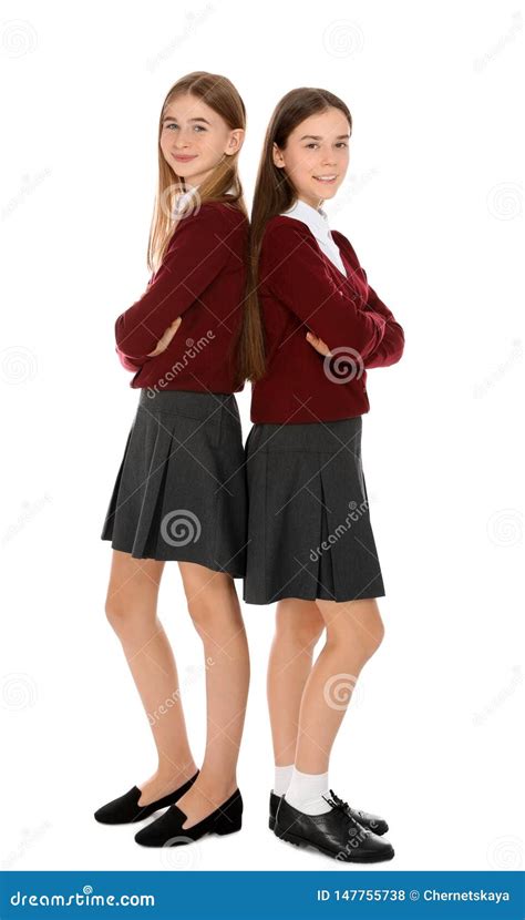 Full Length Portrait of Teenage Girls in School Uniform on White Stock Photo - Image of clothes ...