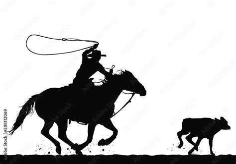 A vector silhouette of a cowboy riding a horse roping a calf. Stock Vector | Adobe Stock