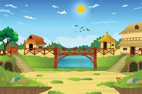 Vector illustration of beautiful village cartoon background of green ...