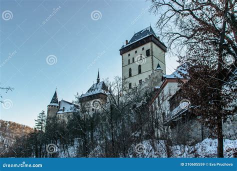 Beautiful Gothic Royal Karlstejn Castle in Winter with Snow,Czech Republic.Founded by Charles IV ...