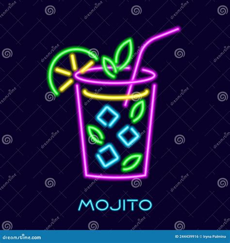 Neon Mojito Cocktail. Glowing Purple Long Drink Vector Illustration | CartoonDealer.com #244439916