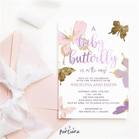 Geometric Purple Pink Butterfly Baby Shower Invitation Template Instant ...