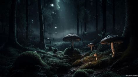 Premium AI Image | Mushrooms in a dark forest with a light on the ground