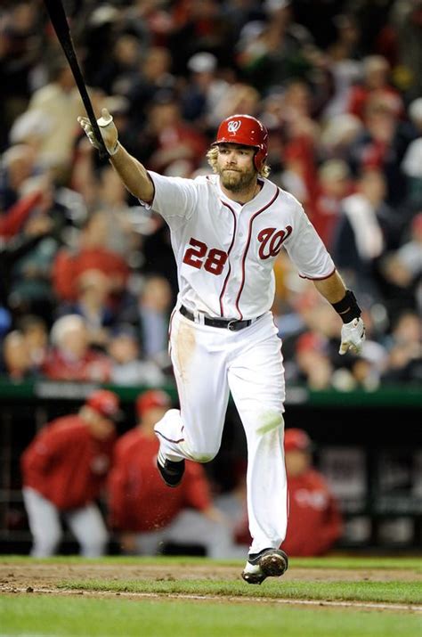 WASHINGTON, DC - APRIL 13: Jayson Werth #28 of the Washington Nationals celebrates after drivi ...