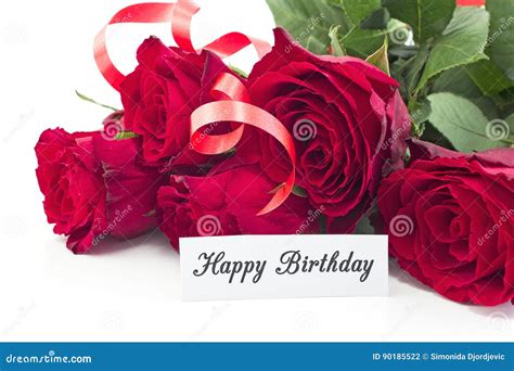 Happy Birthday Card with Bouquet of Red Roses Stock Photo - Image of ...