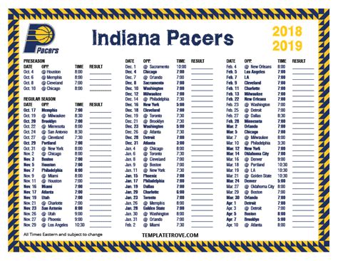 Printable 2018-2019 Indiana Pacers Schedule