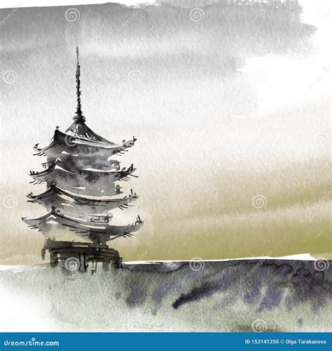 Watercolor Painted Chinese Landscape Stock Illustration - Illustration ...