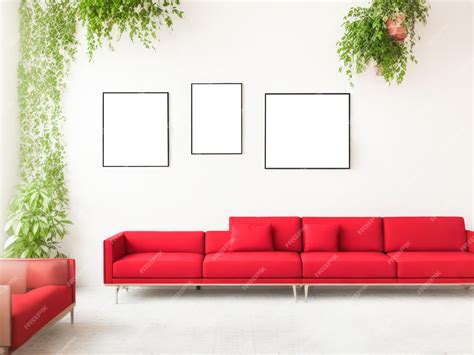 Premium AI Image | Three frames mockup for artwork or print on grey wall with red couch ...