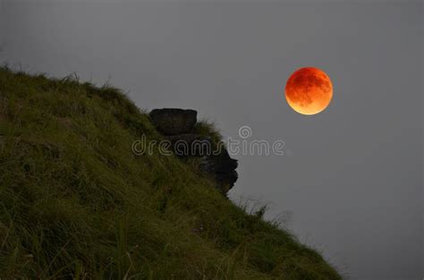 Red Full Moon in Evening Sky with Green Grass on Rock Cliff Stock Photo ...