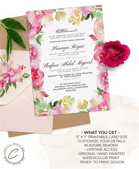 Editable Nikah Card Invitation Printable Digital Download, Floral Muslim Wedding Invite Indian ...