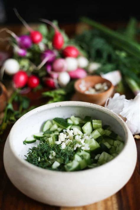 Cold Bulgarian soup with kefir, cucumbers, dill, walnuts and feta