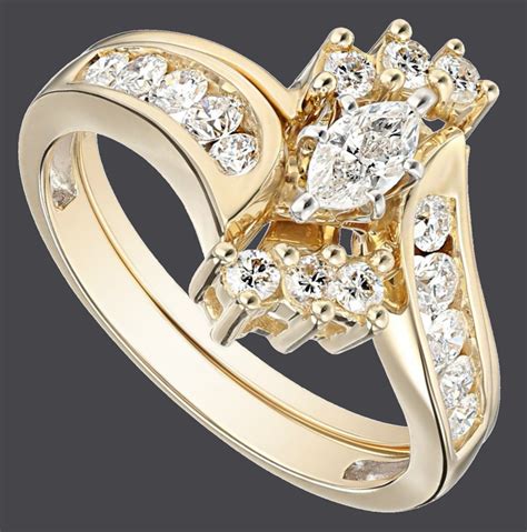 14k Yellow Gold Bypass Diamond with Marquise Wedding Bridal Ring Set - Visuall.co