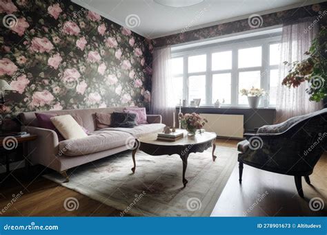 Floral Wallpaper in an Elegant Living Room Stock Illustration ...