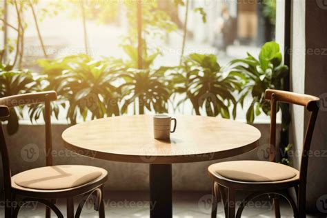 AI generated Round wooden table and chairs in cafe. Restaurant interior ...