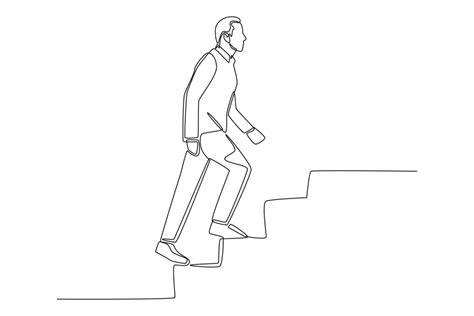 Continuous one line drawing man climbing up stairs to reach his goal on the top. Single line ...