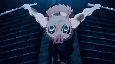 an animated pig with blue eyes standing in front of some stairs and ...