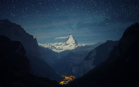 City Landscape Light Matterhorn Mountain Night Peak Starry Sky Switzerland Town Valley wallpaper ...