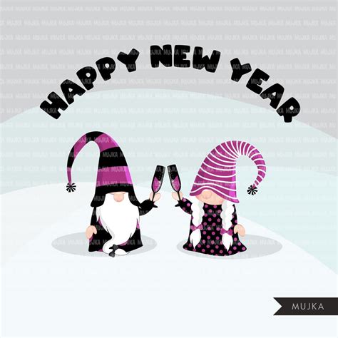 Gnome Clipart Happy New Year Graphics Celebrating Gnomes - Etsy