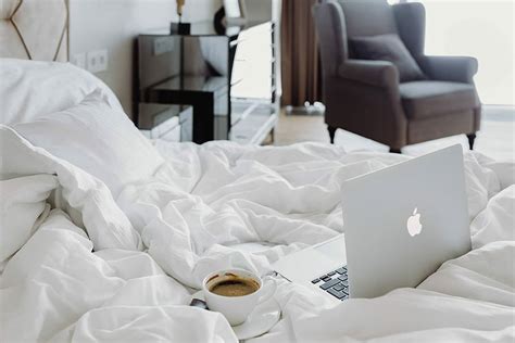 working, laptop, enjoying, breakfast coffee, chocolate, bed, Woman ...