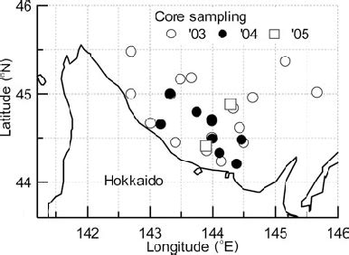 Locations of sea-ice core sampling. Empty and filled circles denote the ...