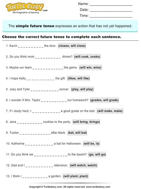 Complete Sentences by Choosing Correct Future Tense of Verb Worksheet ...