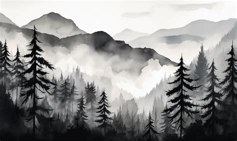 Premium Photo | A black and white painting of a mountain landscape with trees and mountains in ...