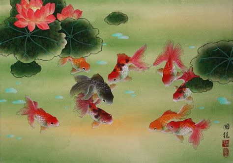 Goldfish & Lotus Flowers Painting - Asian Art | Goldfish art, Flower ...