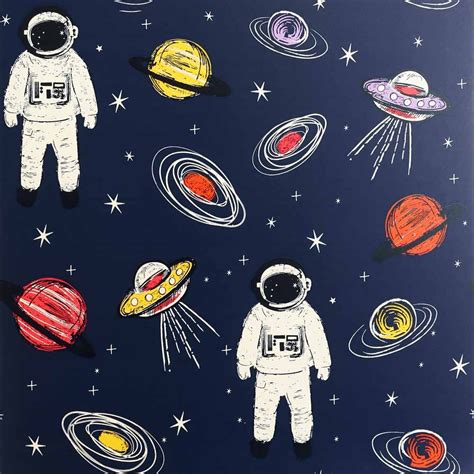 Arthouse Spaceman Astronaut Space Planets Kids Wallpaper Navy Multi | Wilko