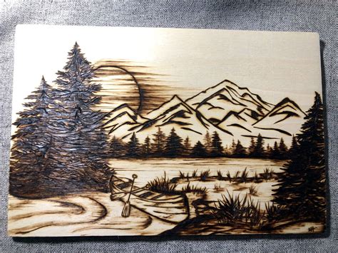 Canoe in the mountains wood burned art | Etsy | Wood burning art, Wood ...