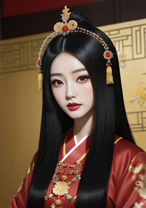 a woman with long black hair wearing a red dress, by Lü Ji, popular korean makeup, popular south