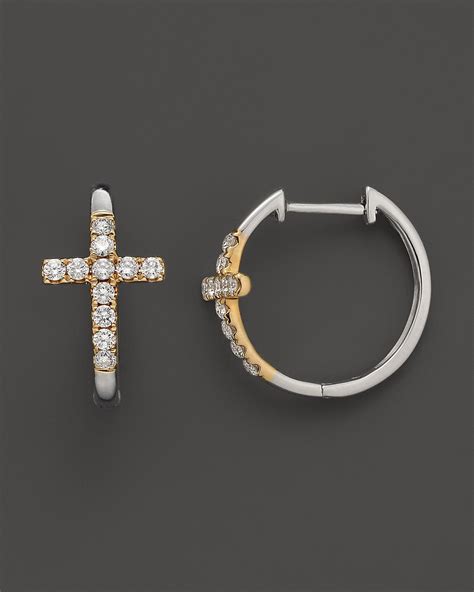 Diamond Cross Hoop Earrings in 14K White and Yellow Gold, .35 ct. t.w. | Bloomingdale's