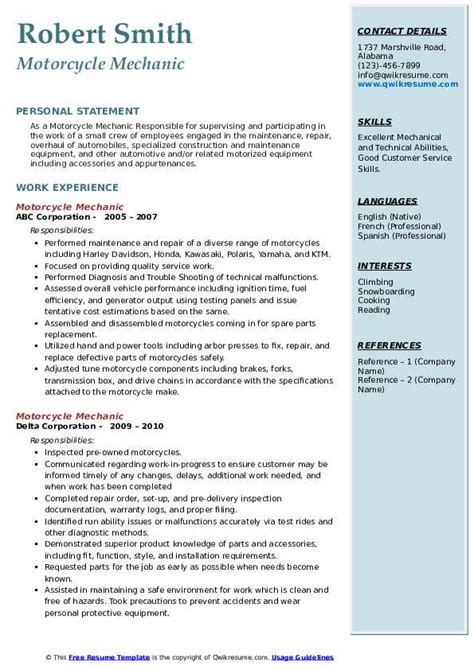 Motorcycle Mechanic Resume Samples | QwikResume