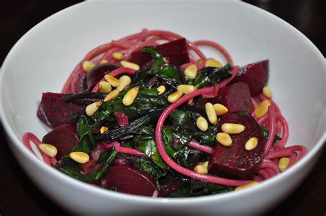 Slice of Rice: Farro Pasta with Roasted Beets, Beet Greens and Pine Nuts