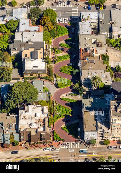 Aerial view, Lombard Street, winding road, curve road, streets of San ...