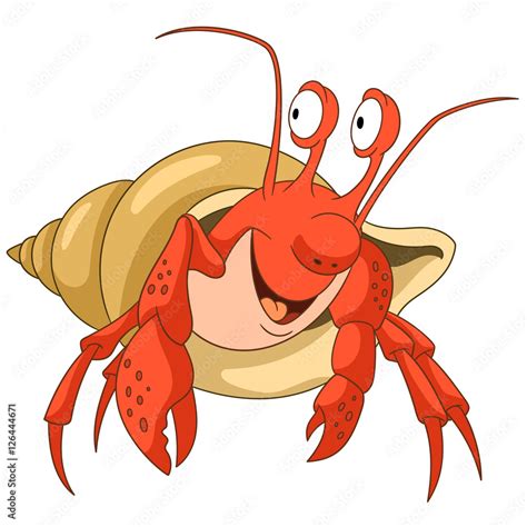 Cute and happy cartoon hermit crab with a shell, isolated on white background. Childish vector ...