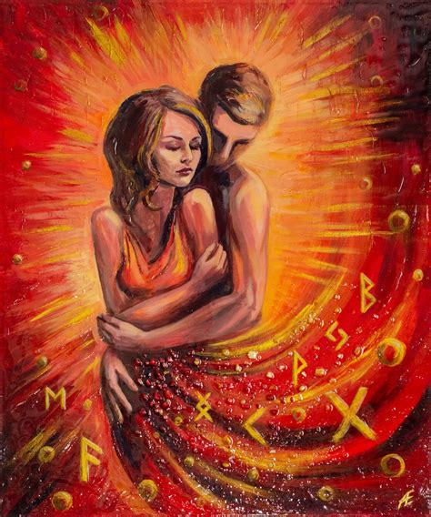 “Attraction of love” original painting of red and gold color with a couple in love and magic ...