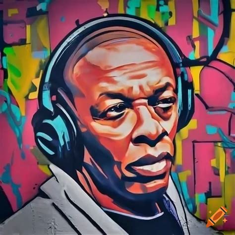 Graffiti mural of dr dre with headphones