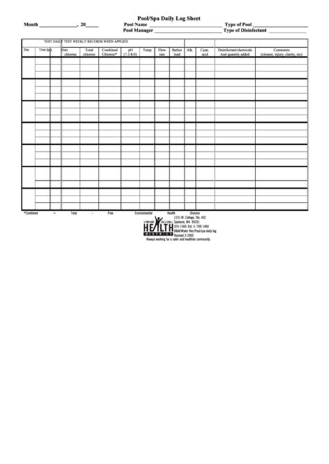 Pool/spa Daily Log Sheet printable pdf download