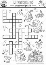 Vector Mermaid Black And White Crossword Puzzle For Kids Marine Quiz  sketch template