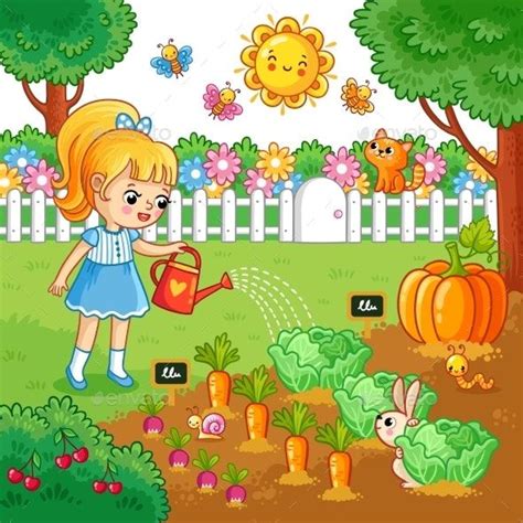 Girl Is Watering Garden Bed with Vegetables. by svaga | GraphicRiver in 2021 | Art drawings for ...