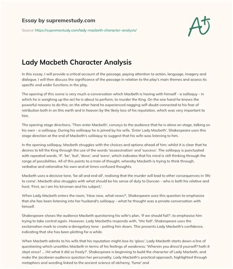 Lady Macbeth Character Analysis - Free Essay Example - 1011 Words | SupremeStudy