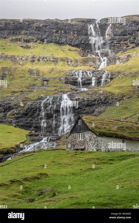 Waterfall and Buildings in Saksun Village, Streymoy Island, Faroe ...