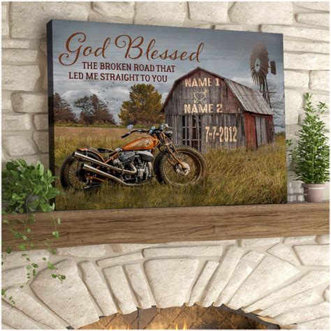 God Blessed The Broken Road Barn and Vintage Motorcycle Wall Art