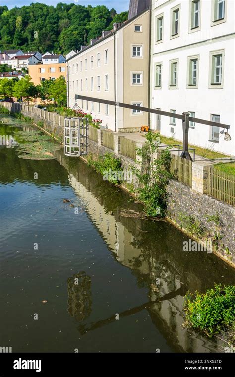 Eichstätt: river Altmühl, Old Town, right a replica of the historical Prelle (cucking stool or ...