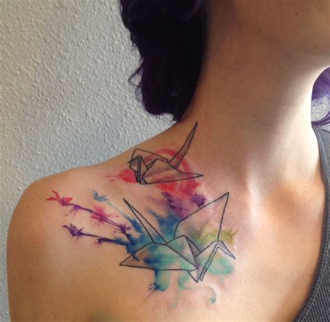 My watercolor origami paper crane tattoo on shoulder from Nevermore tattoos | Tatouage origami ...